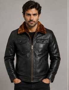 Blouson en cuir pour homme avec col en fausse fourrure et fermeture éclair - Product Image 1