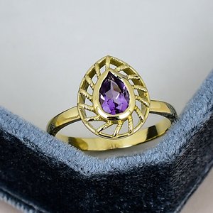Natural Amethyst Solid 925 Sterling <b>Silver</b> <b>Ring</b> Yellow Gold Plated Classic Smooth <b>Band</b> Women's Everyday Wear <b>Ring</b> - Product Image 1