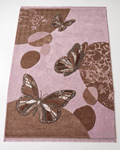 Alfombra de Lana Rosa Pálido y Marrón con Diseño de Mariposa, Ecológica, Antideslizante, Hecha a Mano, con Motivo Botánico Artístico de Insectos, Paneles Texturizados Modernos - Product Image 1