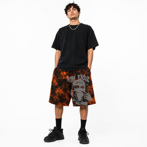 <b>Men's</b> Red <b>Black</b> <b>Tie</b> Dye Printed Shorts Elastic Waist Breathable Street Style Front Logo Sublimation Print Acid Wash Shorts - Product Image 4