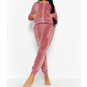 Women's Pink <b>Velvet</b> <b>Tracksuit</b> Full Length Hooded Sweatshirt With Drawstring Pants Solid Color Casual Winter Wear - Product Image 2
