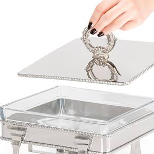 Plat de service de luxe carré en verre avec support et couvercle chromés argentés – Chauffe-plat élégant pour buffet de traiteur, idéal pour hôtels et mariages - Product Image 5