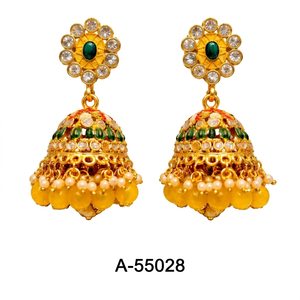 Pendientes de Diseño Indio para Aniversario, Jhumki con Perlas de Imitación, Cuentas Multicolores, Forma de Corazón, Chapados en Oro para Mujer, 55028 - Product Image 1