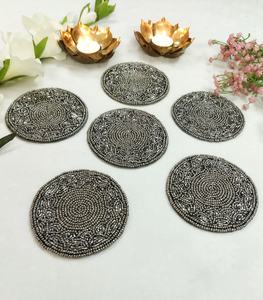 Handmade Modern Engraved Customizable Pewter <b>Silver</b> Beaded <b>Coasters</b>-Set of 6 - Product Image 3