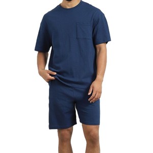 T-shirt à manches courtes bleu marine pour homme avec poche, col rond, décontracté, respirant, été, ensemble de shorts 100% coton - Product Image 1