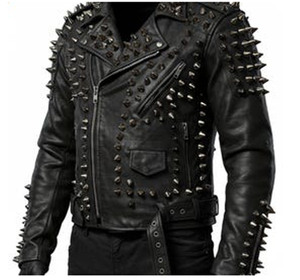 Men's Cowhide Leather <b>Biker</b> <b>Jacket</b> with Spikes Studded Front Design Breathable Polyester Lined Windproof Winter Outerwear - Product Image 2