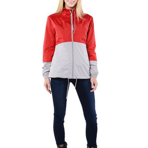 <b>Women's</b> Red & Gray Color Blocked Soft Shell for Hooded Windbreaker <b>Jacket</b> with Zipper Closure and Elastic Waist - Product Image 2