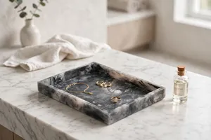 Rectangular Acrylic Eco-Friendly Lightweight Marble Look <b>Table</b> Top Medium Capacity <b>Tray</b> Minimalist Jewelry Organizer for Vanity - Product Image 1