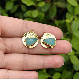 Aqua Chalcedony Trillion Cut Gemstone Centerpiece <b>Charms</b> Textured 18K <b>Gold</b> Plated Halo Setting Designer Jewelry Making Supply - Product Image 4