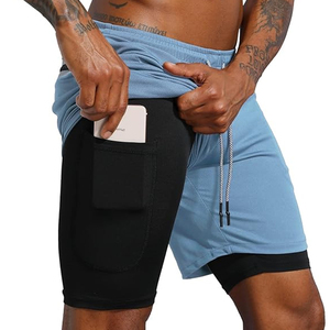 กางเกงกีฬาขาสั้นผู้ชาย 2 in 1 แบบมีซับในรัดรูป สำหรับออกกำลังกาย วิ่ง แห้งเร็ว มีช่องใส่โทรศัพท์ ผลิตโดยโรงงาน OEM - Product Image 4