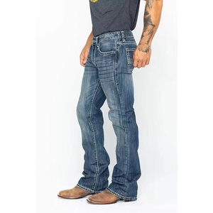 100% High Quality Men's Casual Mid Waist Light Wash Breathable Cotton Straight-leg Solid Denim <b>Jeans</b> - Product Image 2