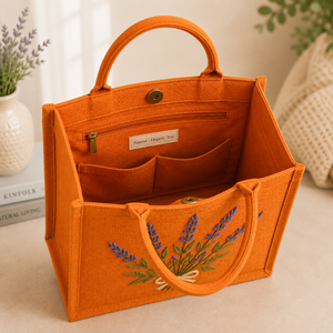 Sac fourre-tout en jute orange avec broderie lavande, style bohème, doublure en coton - Sac de voyage et de plage, sac de shopping - Product Image 5