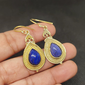 Natural Lapis Lazuli Bohemian Drop <b>Earrings</b> Handmade <b>gold</b> Plated Brass Blue Gemstone <b>Dangle</b> <b>Earrings</b> High Quality Unique - Product Image 1