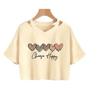 เสื้อครอปคอวีแขนสั้นทรงหลวมพิมพ์ลายหัวใจสำหรับผู้หญิง เลือกสวมใส่สบายๆ ในฤดูใบไม้ผลิและฤดูร้อน - Product Image 1