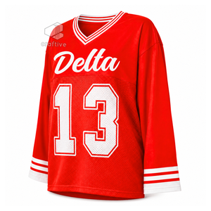เดลต้า | ซิกมา |   เสื้อทีม Theta Sorority สำหรับผู้หญิง สีแดง ผ้าตาข่ายโพลีเอสเตอร์ คอวี แขนยาว Delta13 ลายพิมพ์แบบ Sublimation เสื้อกีฬา สไตล์กรีก - Product Image 2