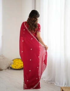 Sari KV Tradicional de Rayón Bordado, Sin Arrugas, Reversible, Lucknow Chikankari Georgette - Product Image 4