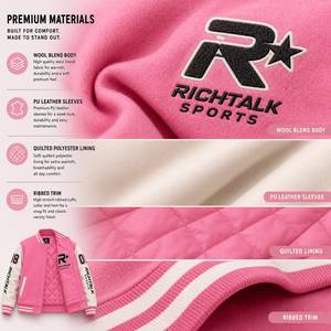Chaqueta Varsity Unisex Sólida Rosa y Blanca con Letras Bordadas, Estilo Casual, Invierno, Corte Regular, Cierre de Botón Sencillo, Cuello Alto - Product Image 6