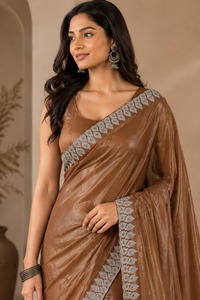 Elegante Saree de Seda Marrón con Borde Plateado para Mujer, Traje de Boda, Ajuste Regular, Largo hasta el Suelo, Sin Arrugas, Estampado Flocado, Secado Rápido - Product Image 3