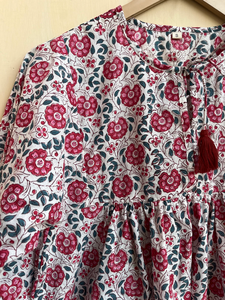 Tunique à imprimé floral, col mandarin, manches longues, imprimé floral, haut décontracté, col profond avec fermeture à cordon, imprimé à la main - Product Image 6