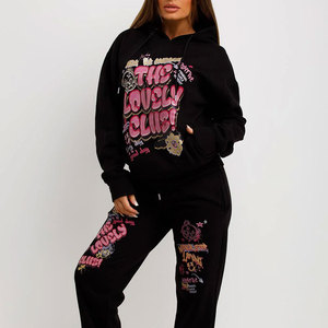 Ensemble jogging en molleton noir pour femme The Lovely Club, imprimé streetwear, manches longues, coupe ample, toutes saisons, ensemble 2 pièces - Product Image 5