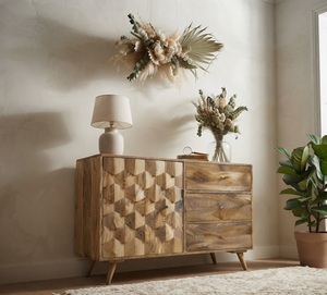 Buffet en bois de manguier massif de style moderne du milieu du siècle avec portes géométriques et tiroirs de rangement, 5+ pieds, pour salon et salle à manger - Product Image 4