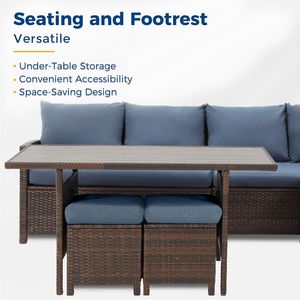 Set da Pranzo in Vimini da Esterno a 7 Pezzi, Divano Sezionale a 9 Posti con Cuscini Blu, Pouf e Tavolo da Pranzo per Portico e Giardino - Product Image 5