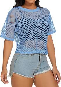 Camisetas sexys para mujer con estampado, holgadas, informales, de malla transparente, con encaje, hombros descubiertos, camiseta de malla de manga corta, top corto - Product Image 2