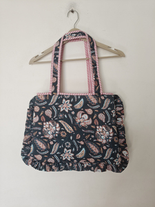 Casual Floral Print Cotton <b>Laptop</b> Tote <b>Bag</b> Ruffled Edges Striped Handles Shoulder <b>Carry</b> Quilted Rajasthan Daily Use Portable - Product Image 2