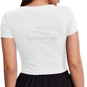 Camiseta sin mangas informal de gimnasio para mujer con logotipo personalizado, con cuello redondo Camiseta de punto y mangas cortas, ropa deportiva de etiqueta privada - Product Image 3