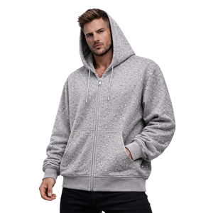 Sweat-shirt à capuche unisexe gris uni avec fermeture éclair, en molleton personnalisé, style streetwear décontracté, coupe oversize, poches avant, 100% coton - Product Image 1