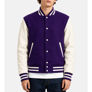 Men's <b>Purple</b> <b>Varsity</b> <b>Jacket</b> Solid Color Button Closure Regular Fit Turn-down Collar Polyester Cotton Lining Autumn Casual Style - Product Image 1