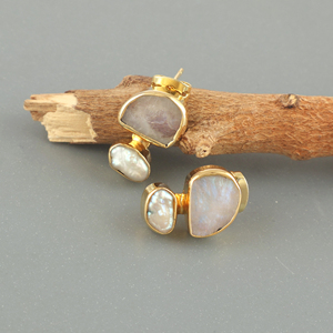 Natural raw look blue fire moonstone with baroque pearl <b>drop</b> stud earring 18k gold plated double stone fashion jewelry earrings - Product Image 5