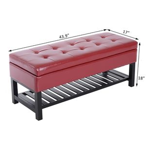 Panca contenitore imbottita in similpelle rosso carminio da 44 pollici con porta scarpe - Product Image 3
