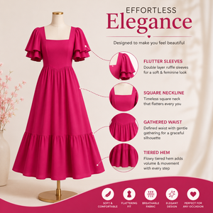 Vestido Largo Maxi Rosa Intenso con Cuello Cuadrado y Mangas con Volantes en Capas para Mujer, Estilo Elegante Casual para Fiesta de Verano - Product Image 5
