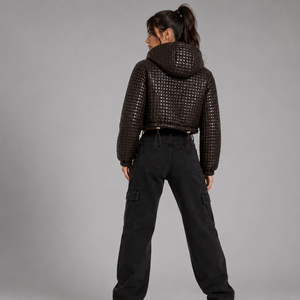 High Quality Women's Genuine Leather <b>Jacket</b> Resilient Material Quilted PU Leather Hooded <b>Jacket</b> Short Puff Sleeve Stylish <b>Jacket</b> - Product Image 4
