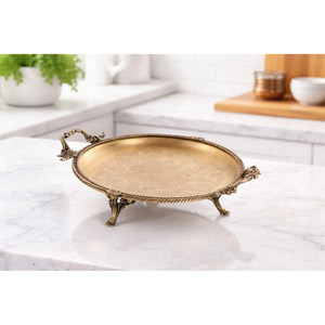 Plateaux de service en métal, plateau rond en acier inoxydable poli brillant avec support doré, idéal pour la maison et les hôtels. - Product Image 4