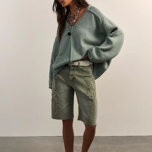 Cardigan en tricot pour femme, col en V, manches bouffantes, couleur unie, style bohème, pour l'automne, 100% acrylique, manches longues, bouton unique - Product Image 3