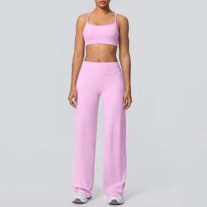 Conjunto de yoga de 2 piezas para mujer, de color liso, de secado rápido, sin costuras, transpirable, a prueba de golpes, con sujetador deportivo de tiras y leggings de cintura alta con efecto levantacola. - Product Image 6