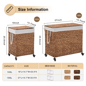 Cesto para Ropa Sucia de 160L, 3 Secciones, Tejido con Jacinto de Agua Natural, con Tapa y Ruedas, Diseño con Ruedas para Mayor Comodidad - Product Image 3