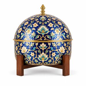 Cazuela redonda azul tradicional árabe meenakari con tapa con diseño floral dorado y soporte de madera - Product Image 1