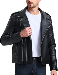 Blouson zippé asymétrique en cuir pour hommes, manteau de motard en fourrure de renard avec revers et ceinture pour motos - Product Image 1