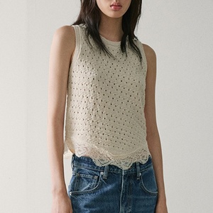 Débardeur en maille pointelle coton-polyester pour femme, 140 GSM, ourlet festonné en dentelle, sans manches, couleur écru, fabricant de vêtements - Product Image 1