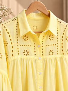 Blusa de Mujer con Mangas Campana en Degradado Amarillo y Volantes, Estilo Bohemio, Holgada, para Primavera/Verano - Product Image 3