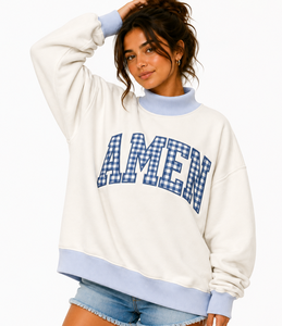 <b>Cream</b> Blue Checked Amen Chest Letter Sweatshirt Contrast High Neck Light Blue Neck Cuffs and Hem Drop Shoulder Long Sleeves - Product Image 1