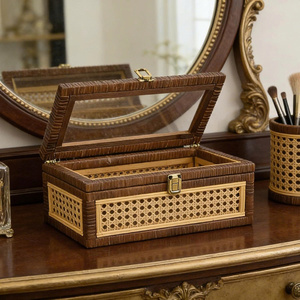 Elegance Touch Rustic Look Handcrafted Eco-Friendly Rectangle Rattan Jewelry <b>Box</b> <b>Set</b> in Brown with Glass Lid for Room Decor - Product Image 3