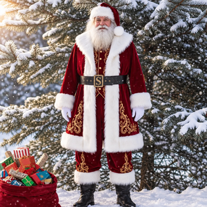 Ensemble de costume de Père Noël brodé en or sur mesure, costume de Père Noël en velours de qualité supérieure, costume de Père Noël pour adultes, vente en gros, manteau en fausse fourrure d'hiver - Product Image 1