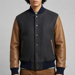 Blouson universitaire pour homme gris foncé en laine/polyester imperméable à col montant et fermeture éclair, style universitaire avec motif lettres - Product Image 1
