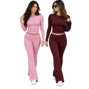 Ensemble deux pièces personnalisé : crop top à manches longues et pantalon large, couleur unie, tenue décontractée, col rond, coupe régulière, ensemble long - Product Image 1