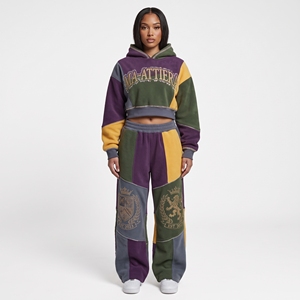 Womens Patchwork Cropped Hoodie Tracksuit <b>Set</b> Custom Embroidered Streetwear <b>Jogger</b> <b>Matching</b> Two Piece Outfit Casual - Product Image 1