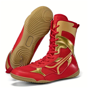 Red Gold High Top Boxing <b>Shoes</b> Lace-Up Breathable Leather Adults Martial Arts Training Kickboxing Gear - Product Image 1